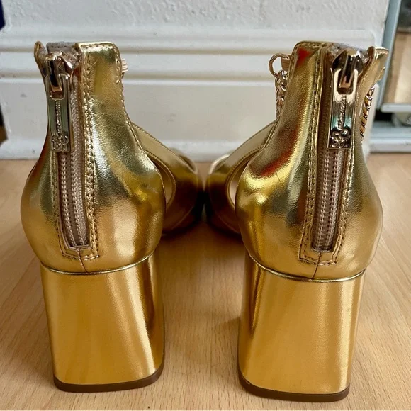 Jessica Simpson Women's Sylan Gold Metallic Square Heels, Chain Straps, Cutout - Picture 4 of 11